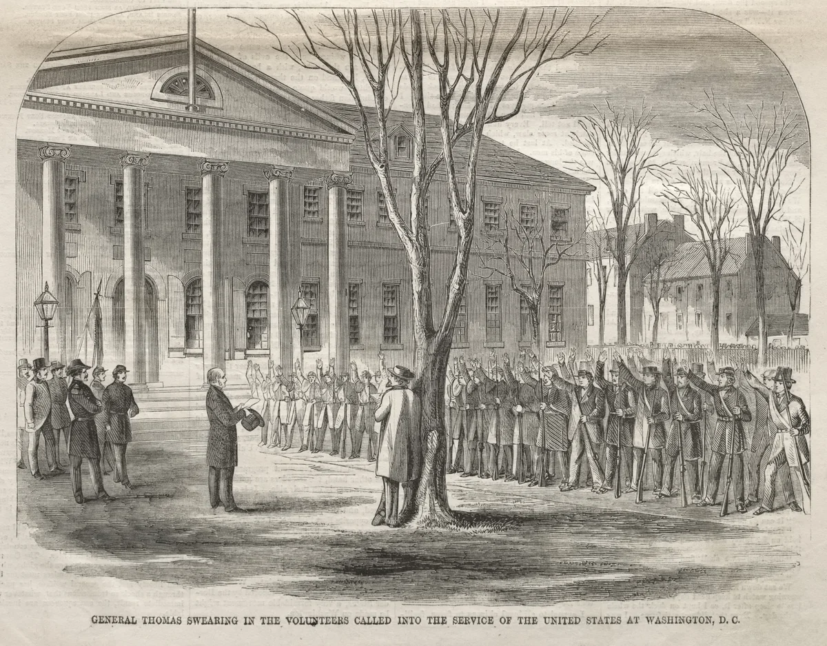 General Thomas Swearing in the Volunteers Called into the Service of the United States at Washington, D.C. by Winslow Homer, print, 1861