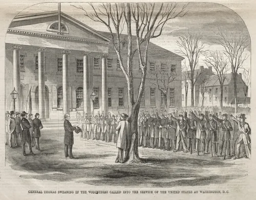 General Thomas Swearing in the Volunteers Called into the Service of the United States at Washington, D.C. by Winslow Homer, print, 1861