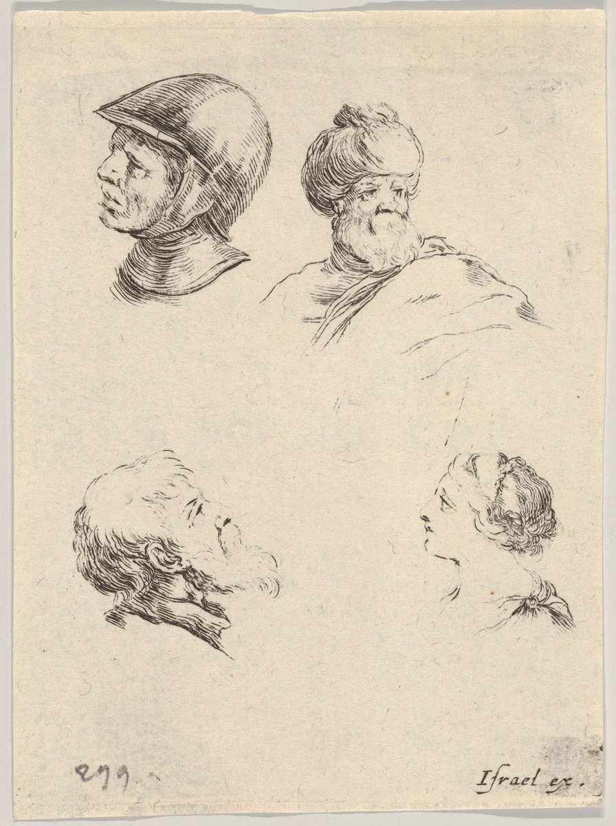 Plate 8: Four small heads, a soldier at upper left, a Turk with a turban and beard at upper right, a bearded man in profile at bottom left, a young woman in profile at bottom right, from "The Book for Learning to Draw" (Livre pour apprendre à dessiner) by Stefano della Bella, print, 1647-1652