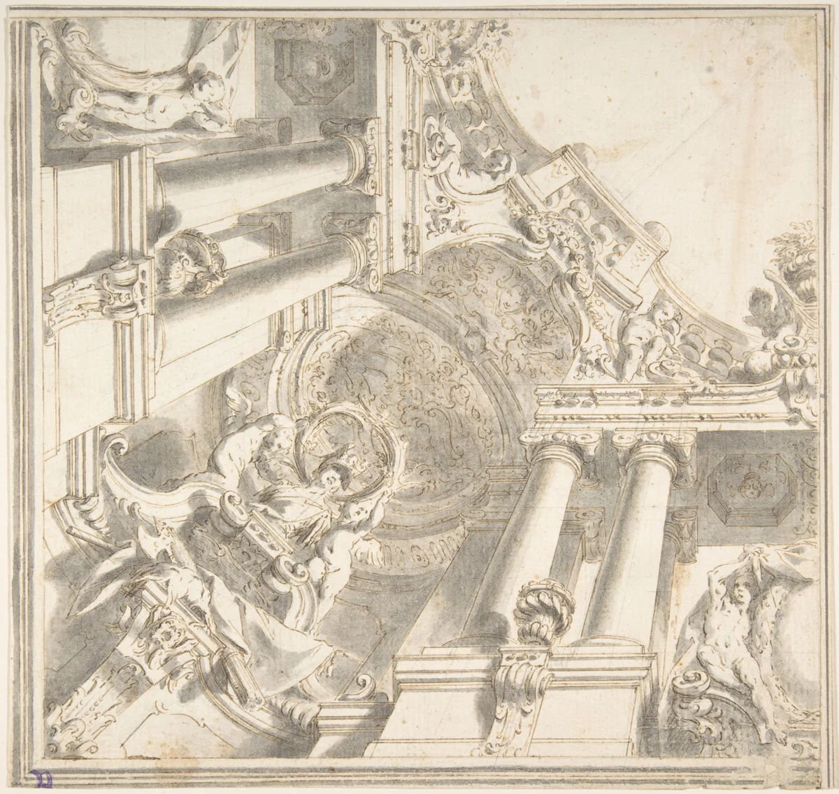Design for a Quarter of a Trompe L'Oeil Ceiling with Architecture in the Ionic Order and a Statue of Victory by Vittorio Maria Bigari, drawing, 1710-1740