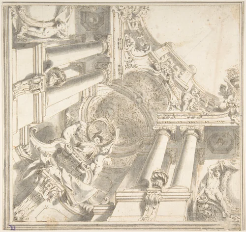 Design for a Quarter of a Trompe L'Oeil Ceiling with Architecture in the Ionic Order and a Statue of Victory by Vittorio Maria Bigari, drawing, 1710-1740