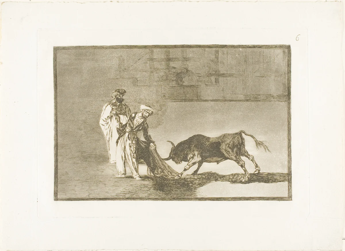 The Moors make a different play in the ring calling the bull with their burnous, plate six from The Art of Bullfighting by Francisco José de Goya, print, 1814-1816