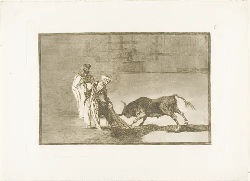 The Moors make a different play in the ring calling the bull with their burnous, plate six from The Art of Bullfighting by Francisco José de Goya, print, 1814-1816