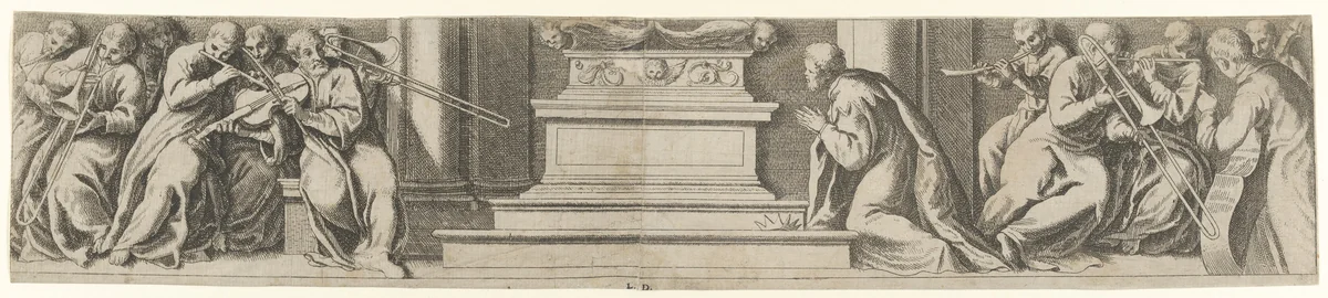 A King Kneeling Before an Altar by Léon Davent, print, 1535-1550