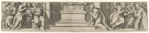 A King Kneeling Before an Altar by Léon Davent, print, 1535-1550