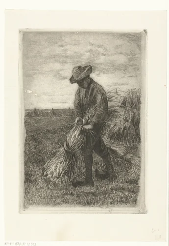 Man bint korenschoof op akker met koren by Johanna Henriëtte Besier, print, 1875-1887