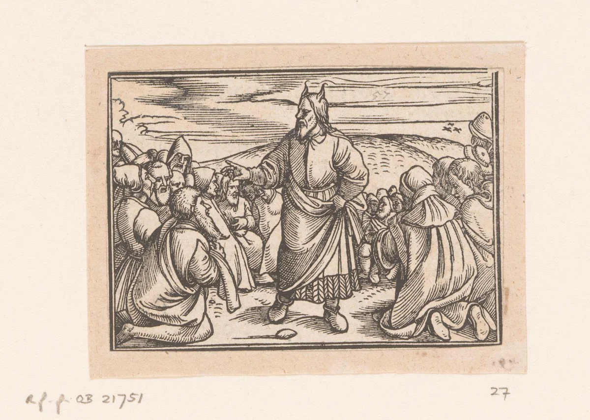 Mozes het volk berispend by anonymous, print, 1552