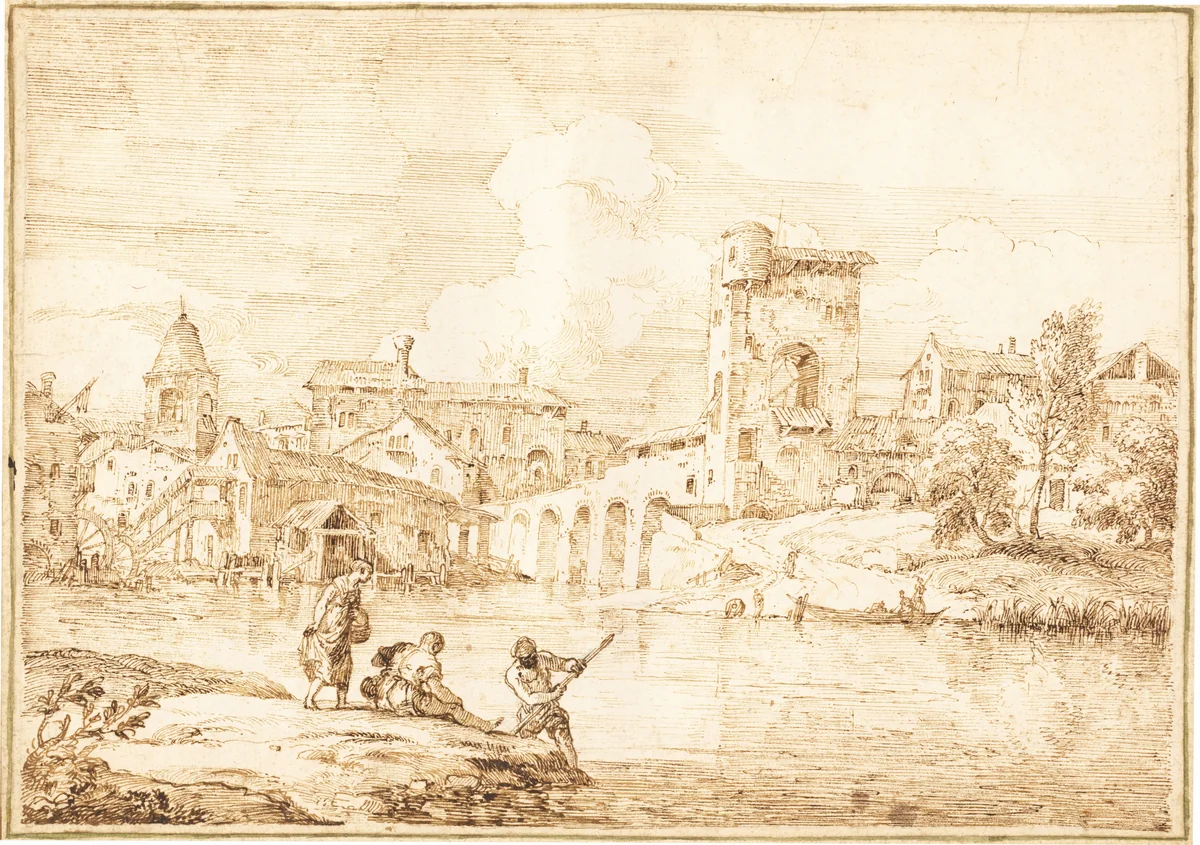 A Fortified Village along a River by Marco Ricci, drawing, 1727-1729