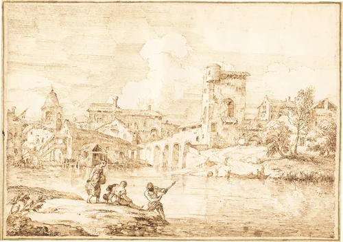A Fortified Village along a River by Marco Ricci, drawing, 1727-1729