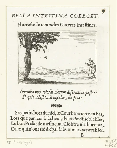 Een raaf werpt jongen uit zijn nest by Jacques Callot, print, 1621-1635