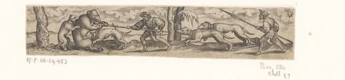 Berenjacht met twee jagers en vier honden by Unknown, print, 1524-1562