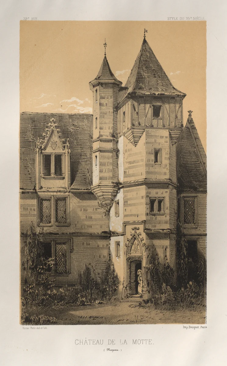 Architecture Pittoresque ou Monuments des xveme. Et xvieme. Siecles: Chateaux De France des XV et XVI Siecles: Pl. 39, Château De La Motte (Mayenne) by Victor Petit, print, 1860