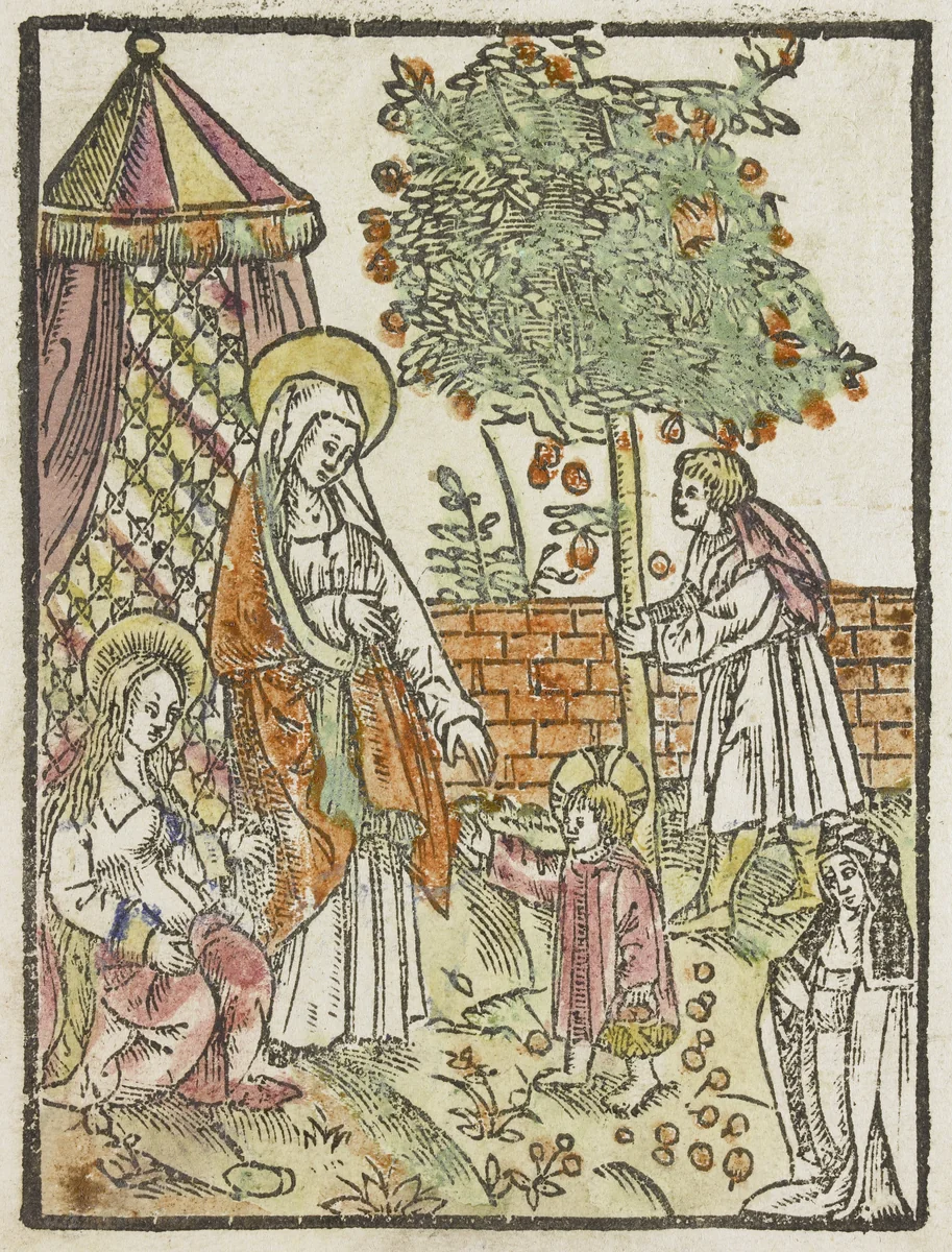 De heilige familie in de tuin by anonymous, print, 1490-1510