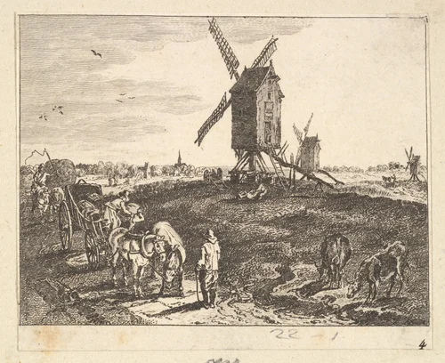 Landscape with Windmills and Cart by anonymous, print, 1700-1790