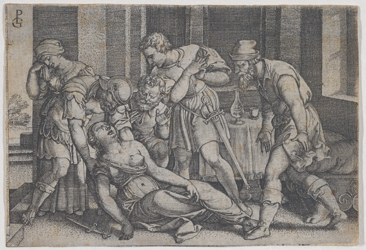 Suicide of Lucretia, from "Scenes from Roman History" by Georg Pencz, print, 1541-1552