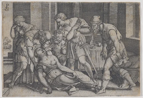 Suicide of Lucretia, from "Scenes from Roman History" by Georg Pencz, print, 1541-1552