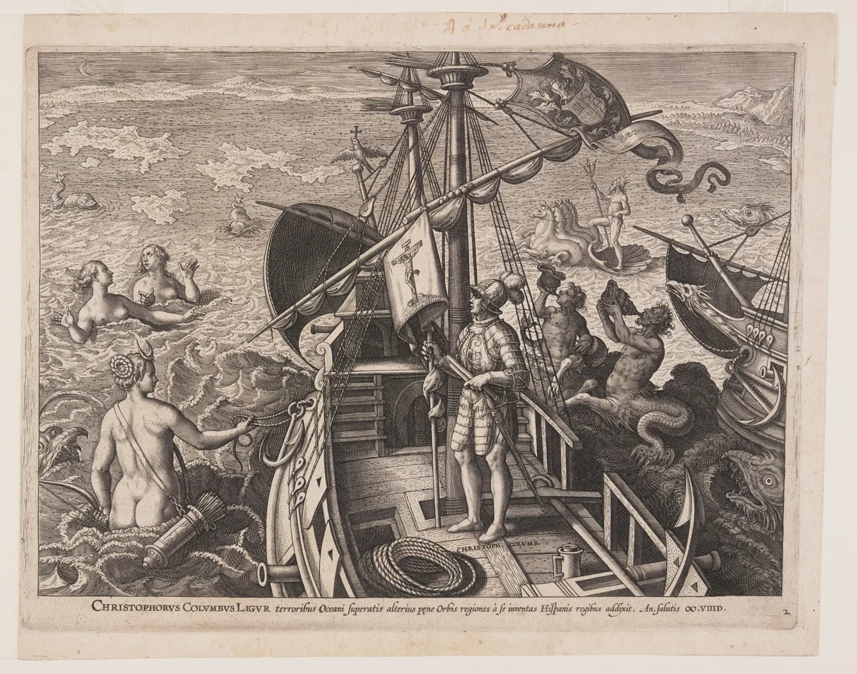Christopher Columbus on His Ship, from Americae Retectio (The Discovery of America) by Adriaen Collaert, print, 1584-1594