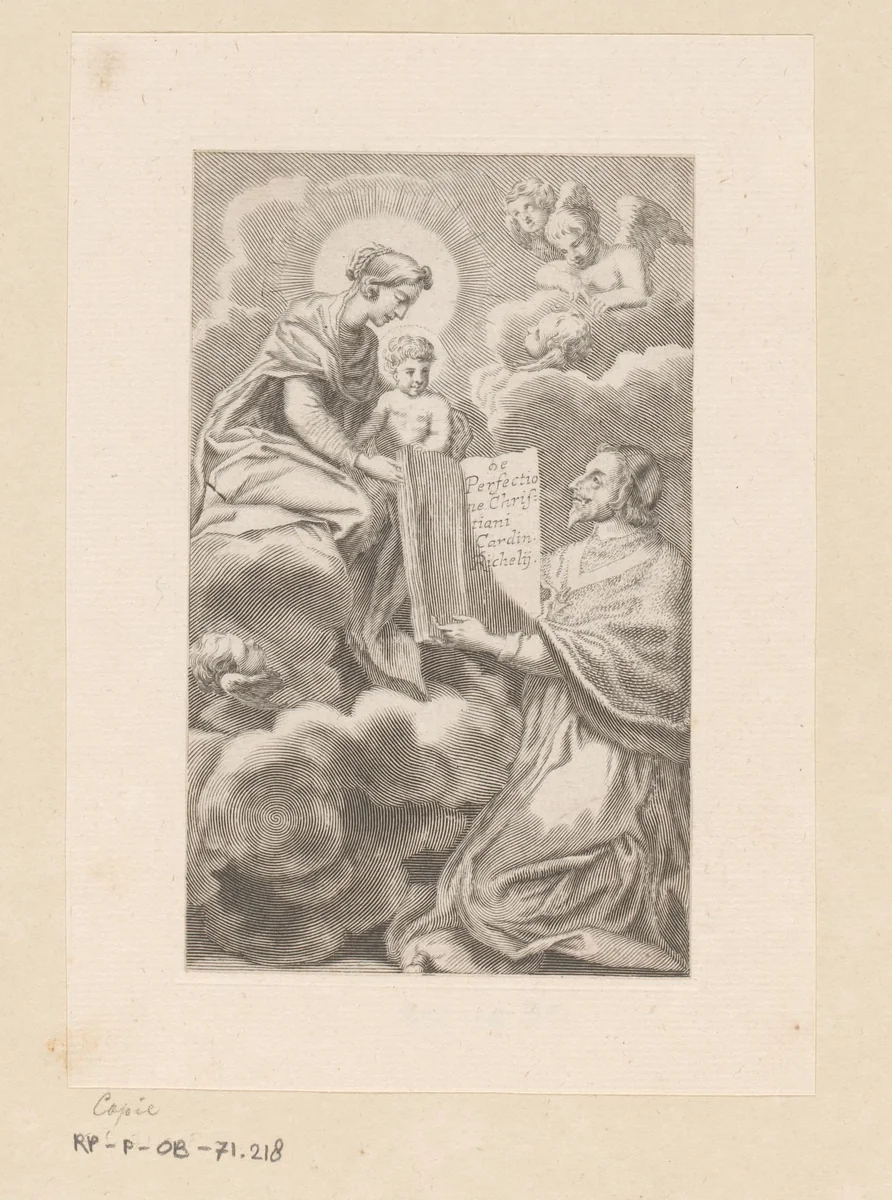 Armand-Jean du Plessis hertog van Richelieu presenteert een boek aan Maria met Kind by anonymous, print, 1646