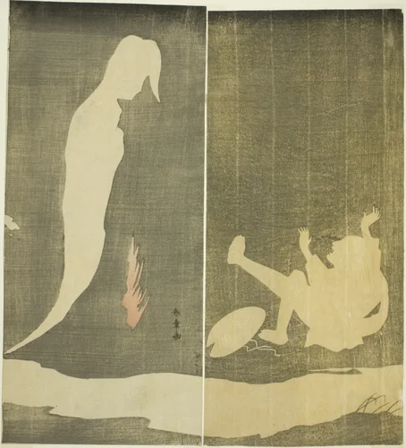 Man Falling Backward, Startled by a Woman's Ghost over a River by Katsukawa Shunsho (勝川 春章), print, 1777-1787