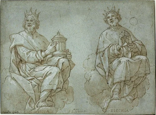 Two Seated Kings of Judah; Josiah and Hezekiah by Bernardo Castello, drawing, 1591
