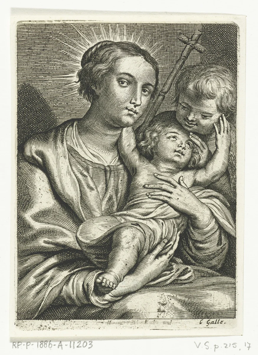 Maria met kind en Johannes de Doper by Schelte Adamsz. Bolswert, print, 1596-1678