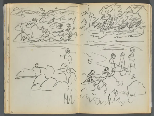 Sketchbook- The Granite Shore Hotel, Rockport, page 068 & 69: Beach View with Figures by Maurice Prendergast, book, 1905-1910