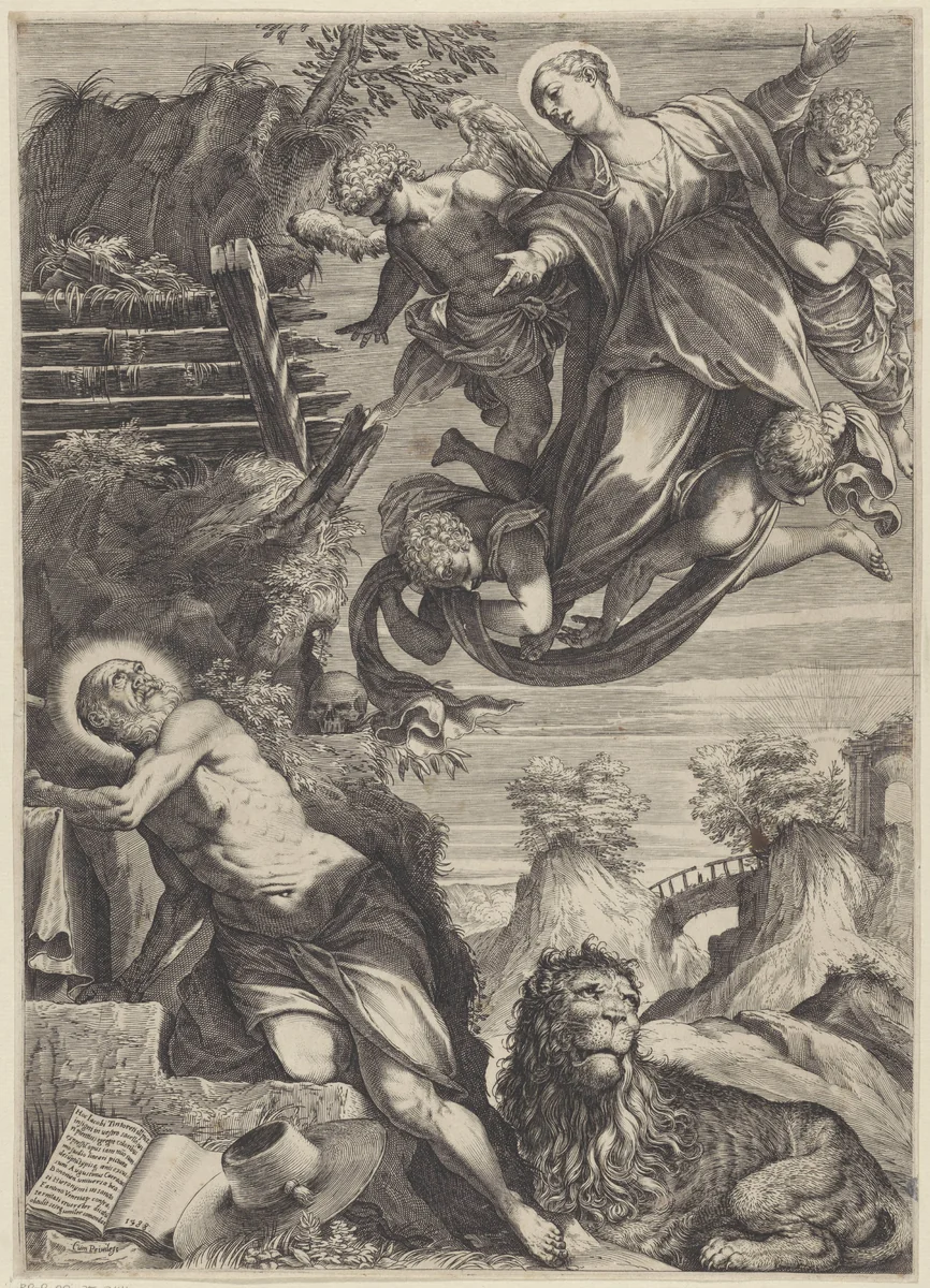 Maria verschijnt aan de heilige Hieronymus by Unknown, print, 1588