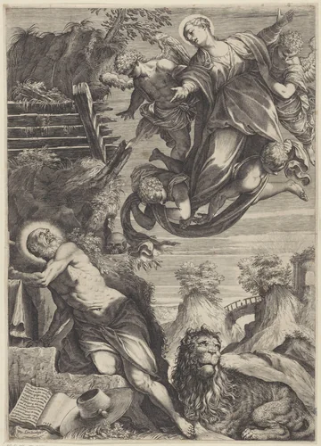 Maria verschijnt aan de heilige Hieronymus by Unknown, print, 1588