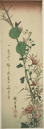 Japanese White-eyes and Chrysanthemums by Utagawa Hiroshige (歌川広重), print, 1825-1849
