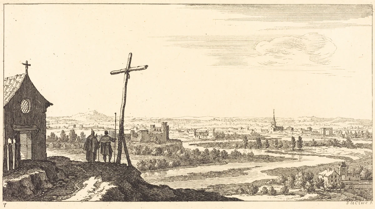 Landscape with Church and Town in Distance by Sébastien Le Clerc, print, 1673