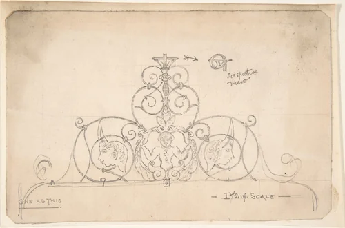 Wrought Metal Foliate Ornament with Grotesque Masks by anonymous, drawing, 1870-1890