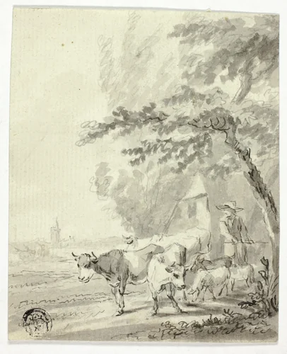 Man Herding Cows and Sheep by Nicolaes Pietersz Berchem, drawing, 1640-1683