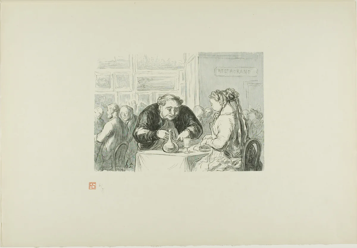 The Restaurant of the Great Art Exhibition: A symbiotic love for the arts and the cutlet by Honoré-Victorin Daumier, print, 1868