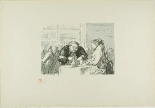 The Restaurant of the Great Art Exhibition: A symbiotic love for the arts and the cutlet by Honoré-Victorin Daumier, print, 1868