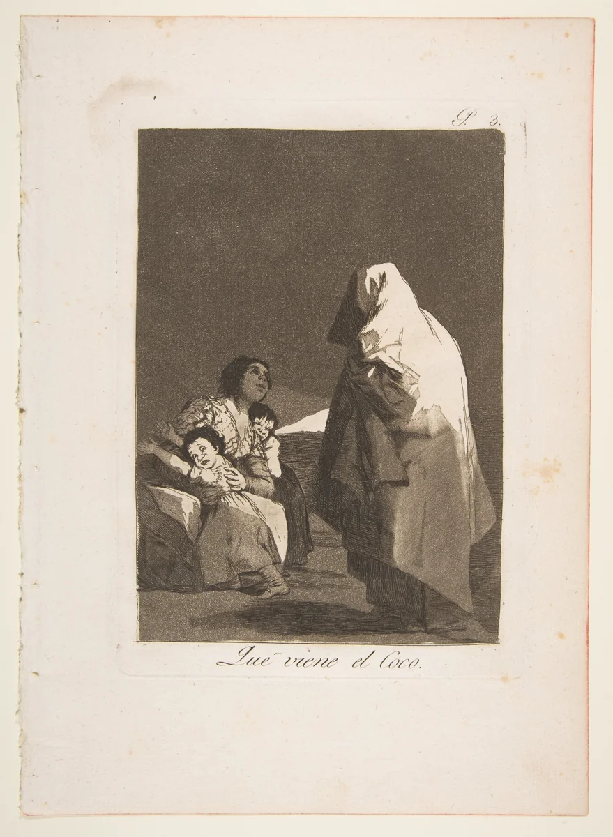 Plate 3 from "Los Caprichos": Here comes the bogey-man (Que viene el Coco) by Goya, print, 1799