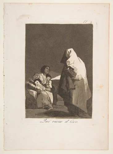 Plate 3 from "Los Caprichos": Here comes the bogey-man (Que viene el Coco) by Goya, print, 1799