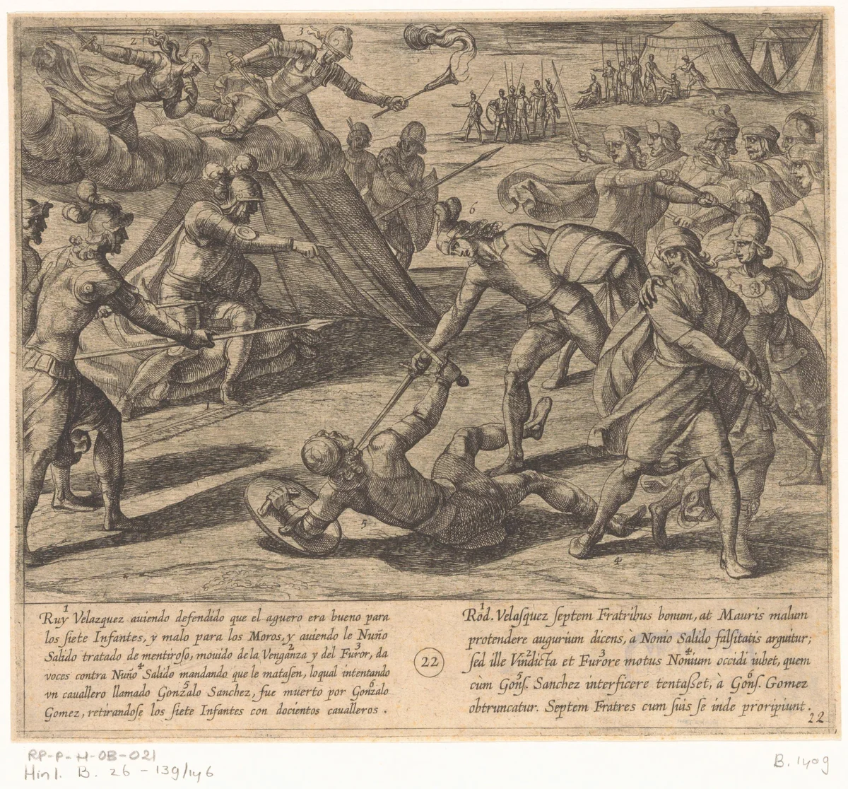 Ruy Velazquez beveelt de dood van Nuño Salido, Gonzalo Gomez komt hem te hulp en doodt Gonzalo Sanchez by Antonio Tempesta, print, 1612