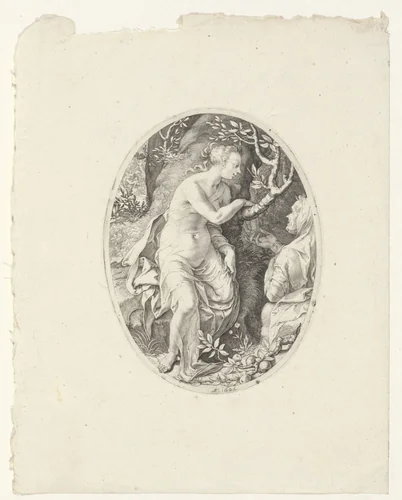 Vertumnus en Pomona by Jan Saenredam, print, 1605