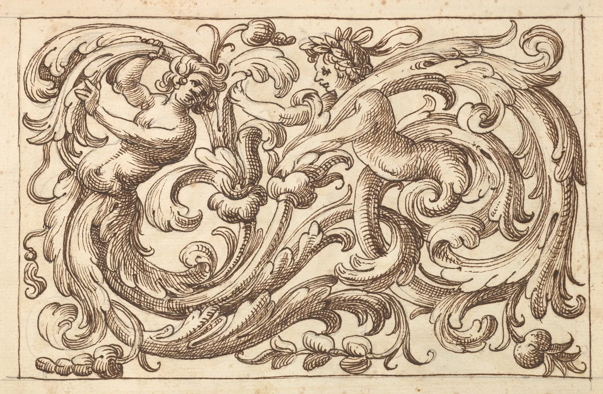 Horizontal Panel Design with Two Young Male Figures Interspersed between Acanthus Rinceaux by anonymous, drawing, 1600-1650
