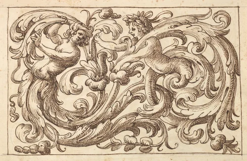 Horizontal Panel Design with Two Young Male Figures Interspersed between Acanthus Rinceaux by anonymous, drawing, 1600-1650