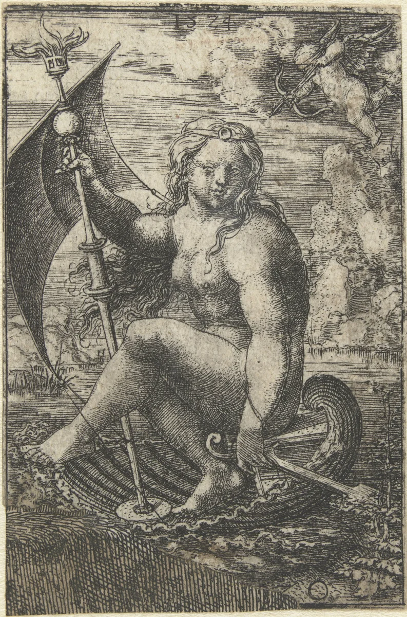 Venus zeilend in een schelp by Dirck Vellert, print, 1524