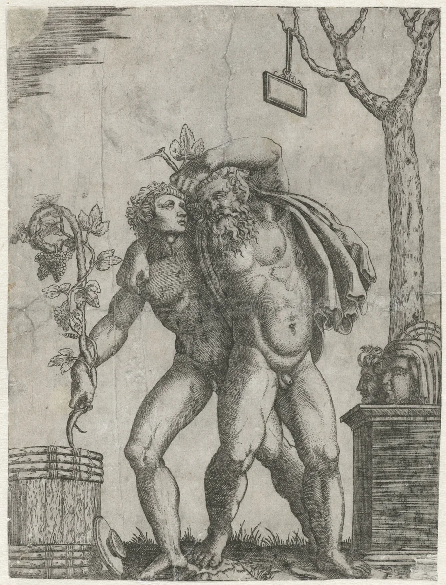 Silenus ondersteund door een jonge bacchant by anonymous, print, 1520-1575