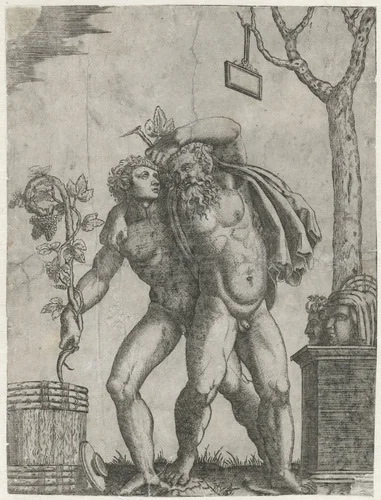 Silenus ondersteund door een jonge bacchant by anonymous, print, 1520-1575