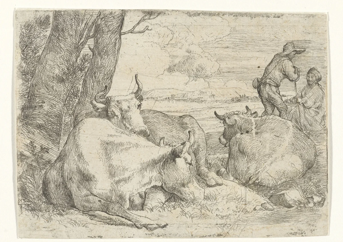 Drie koeien en twee herders by Jan van Ossenbeeck, print, 1647-1674
