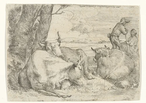 Drie koeien en twee herders by Jan van Ossenbeeck, print, 1647-1674