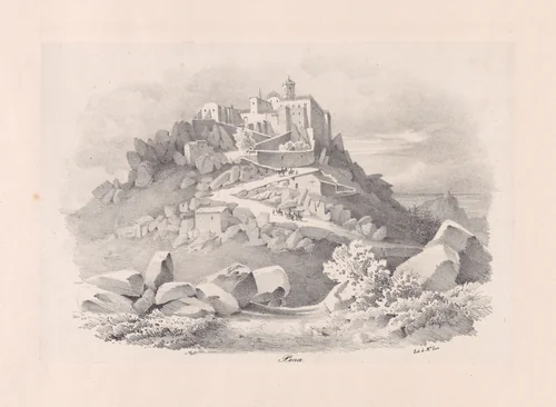 View of the Convento de Pena, the castle of the Moors in the background by Clementine de Brelaz, print, 1840