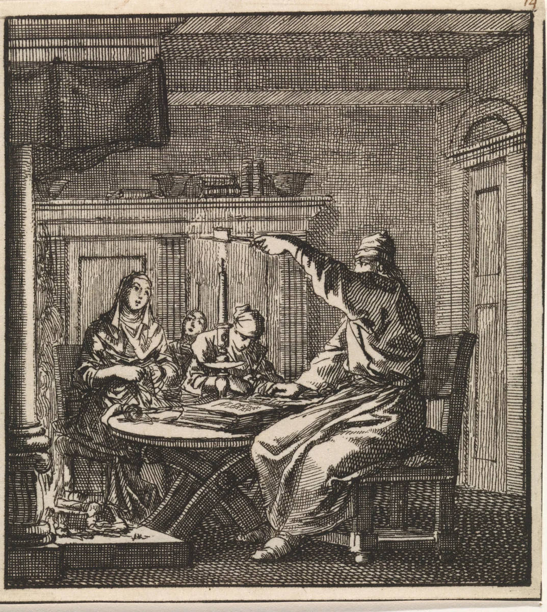 Man dooft een kaars met een kaarsendover by Jan Luyken, print, 1711