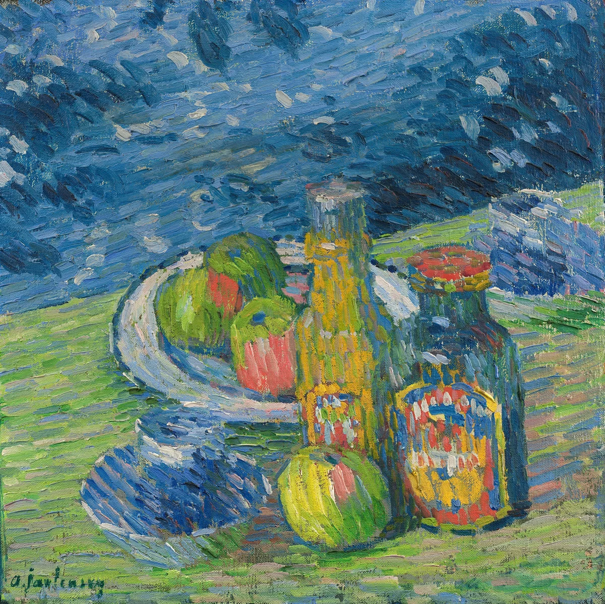 Still Life with Bottles and Fruit by Alexej von Jawlensky, painting, 1900
