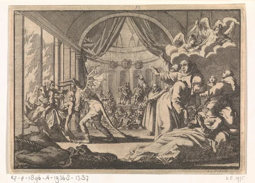 Satirische toneelvoorstelling door koning Filips IV van Spanje gegeven aan zijn gast Karel I van Engeland, 1623 by Jan Luyken, print, 1698