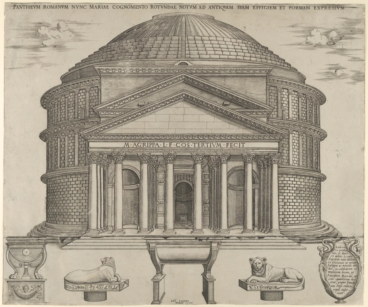 Elevation of the Pantheon in Rome, reconstructed to its original form by anonymous, print, 1549